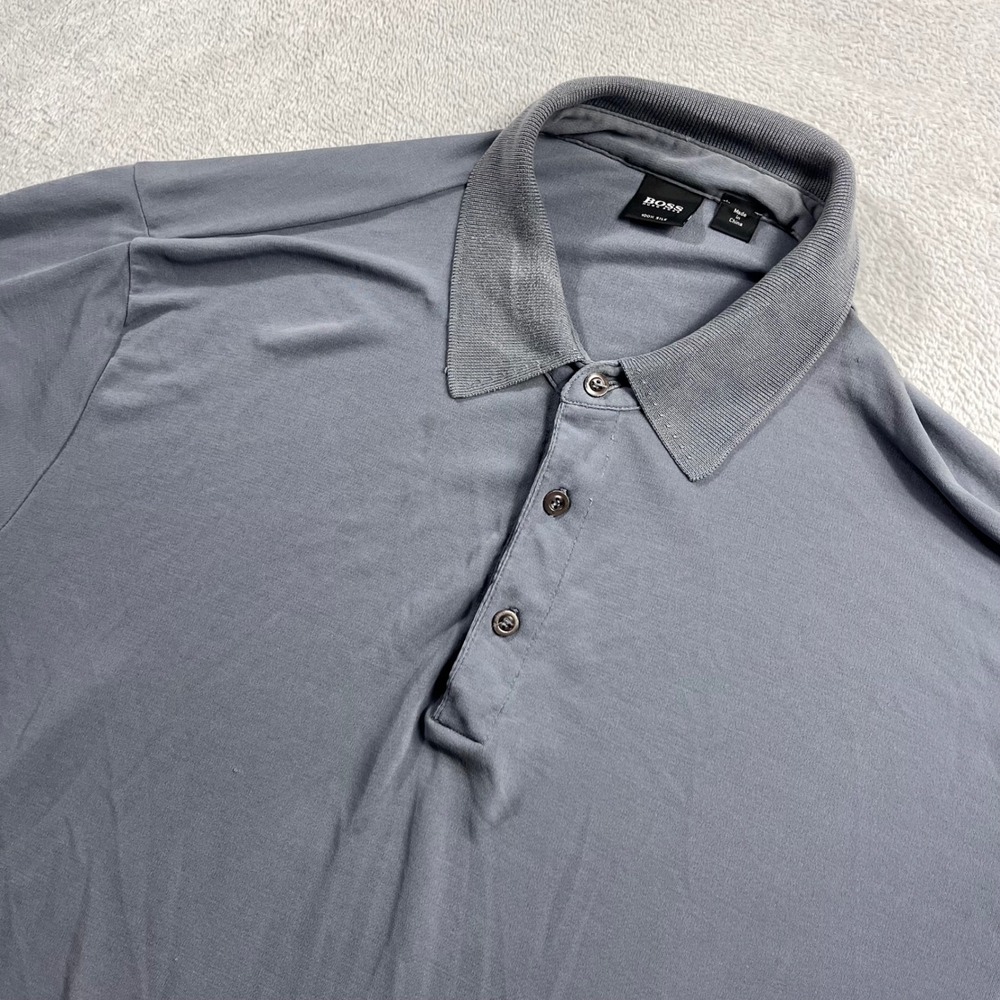 Hugo Boss 100% Silk Polo Shirt‎ Mens XXL Grey Blue Short Sleeve Luxury Knit